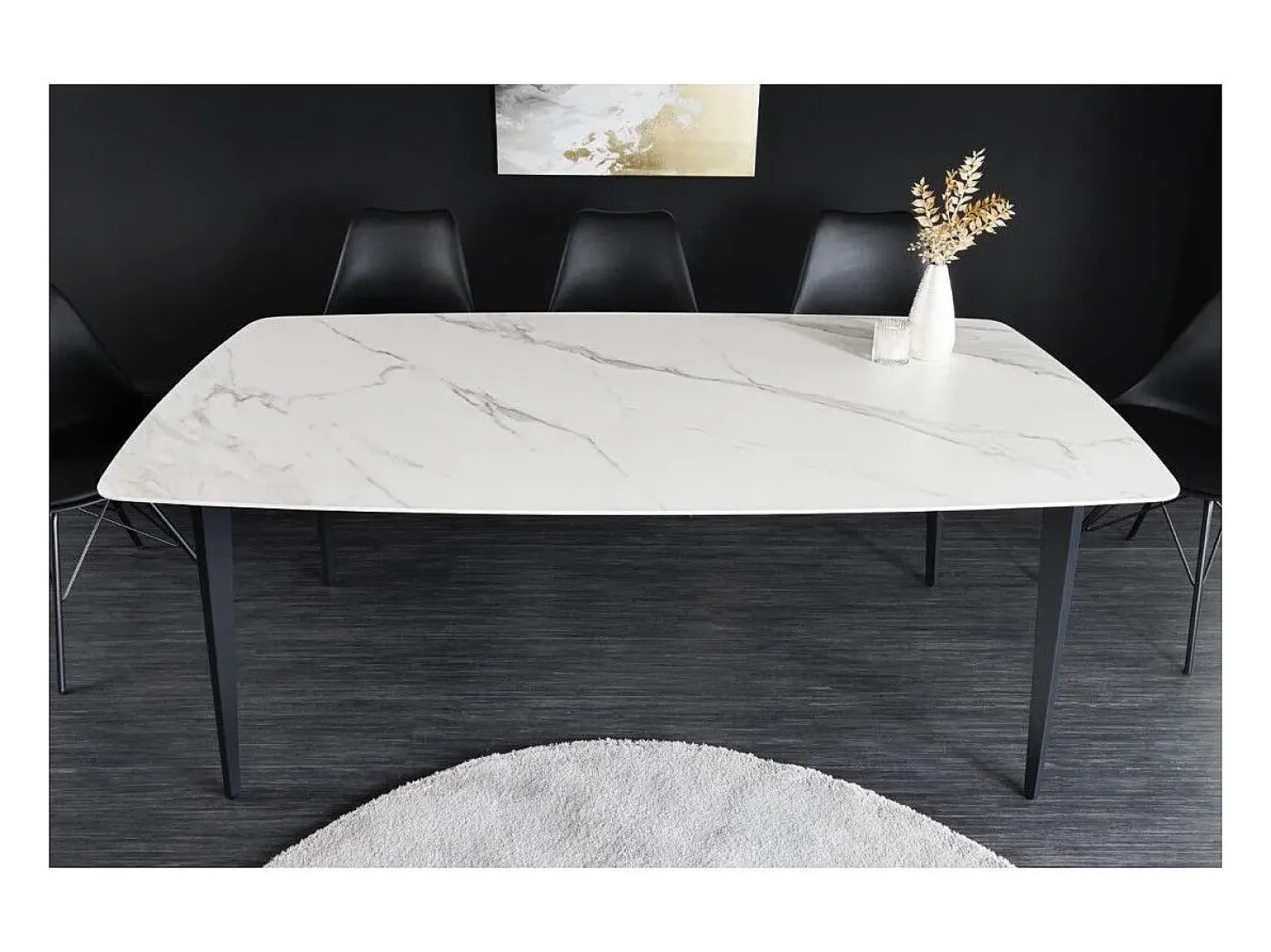 Mesa de comedor HEXA 160 cm – Tablero de cerámica efecto mármol blanco y estructura de metal negro