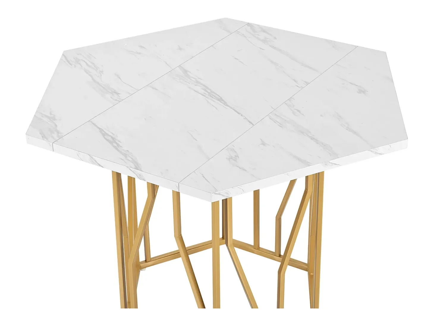 Mesa de comedor hexagonal para 4 personas, tablero chapado en mármol blanco con patas de metal dorado - 115,5x100x75cm