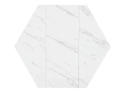 Mesa de comedor hexagonal con tablero chapado en mármol blanco y patas centrales de metal negro - 115,5x100x75cm