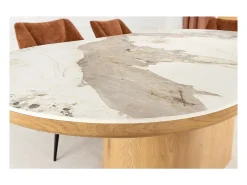 Mesa de comedor LUMEA – Ovalada 200 cm – Efecto mármol blanco – Pie ancho – Estilo contemporáneo