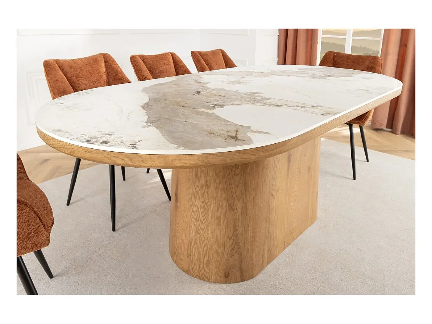 Mesa de comedor LUMEA – Ovalada 200 cm – Efecto mármol blanco – Pie ancho – Estilo contemporáneo
