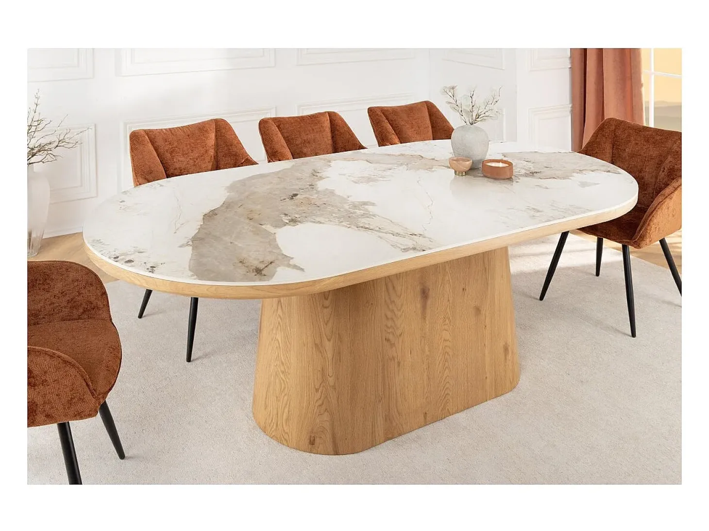 Mesa de comedor LUMEA – Ovalada 200 cm – Efecto mármol blanco – Pie ancho – Estilo contemporáneo