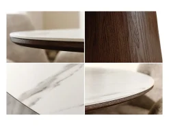 Mesa de comedor LUMEA – Redonda 120 cm – Tablero de cerámica efecto mármol blanco – Pie de madera maciza – Estilo contemporáneo
