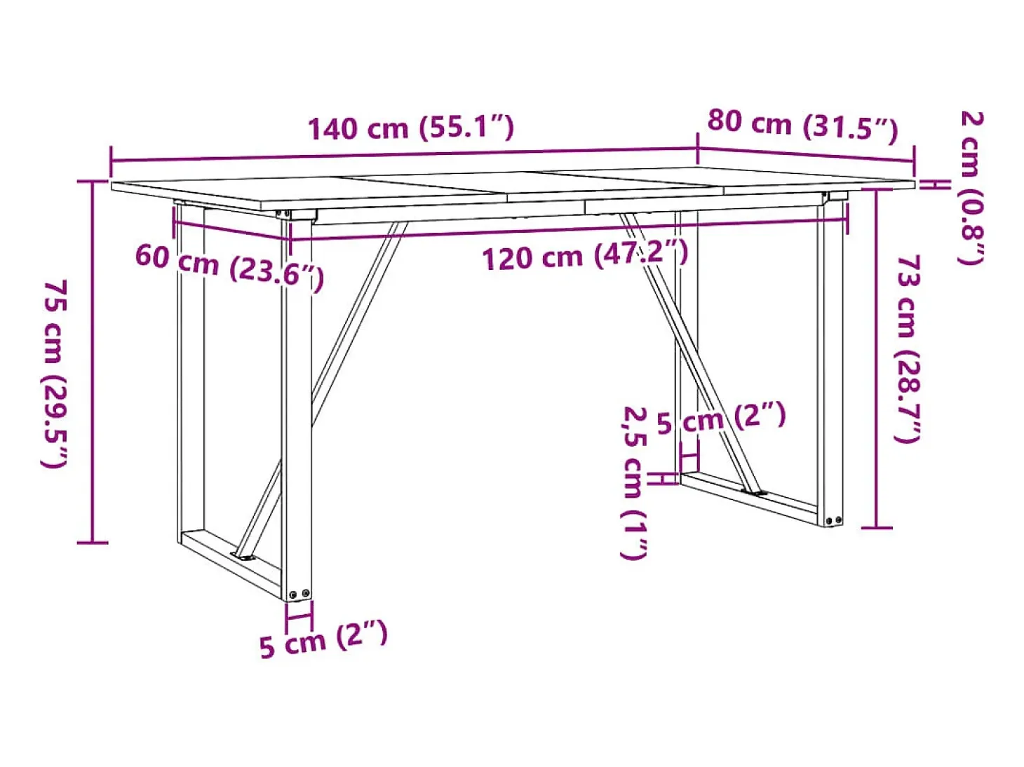 Mesa de comedor marco O madera maciza pino y hierro 140x80x75cm