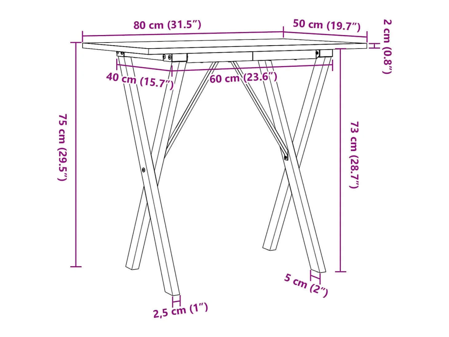 Mesa de comedor marco X madera maciza pino y hierro 80x50x75 cm