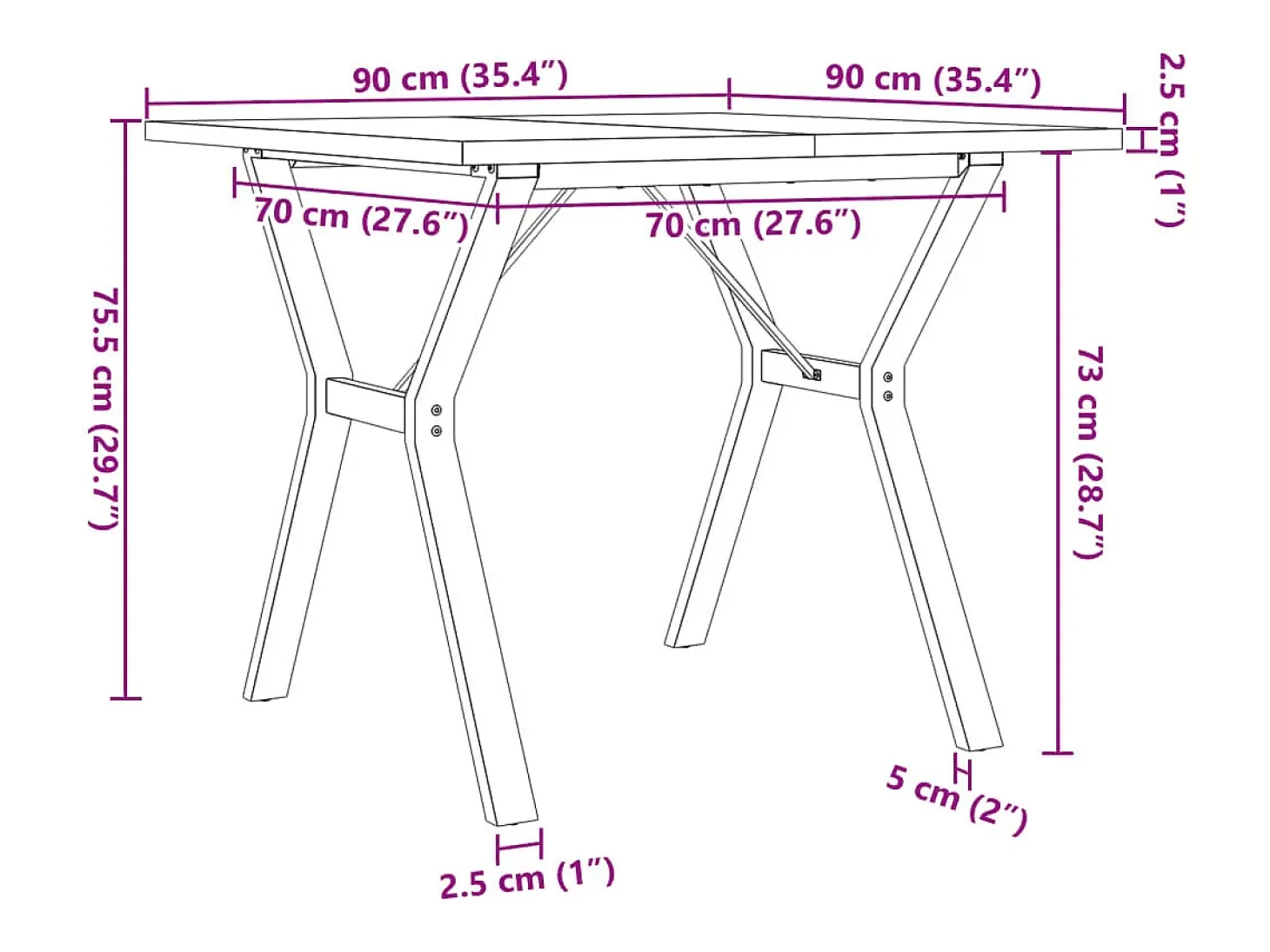 Mesa de comedor marco Y madera maciza pino y acero 90x90x75,5cm
