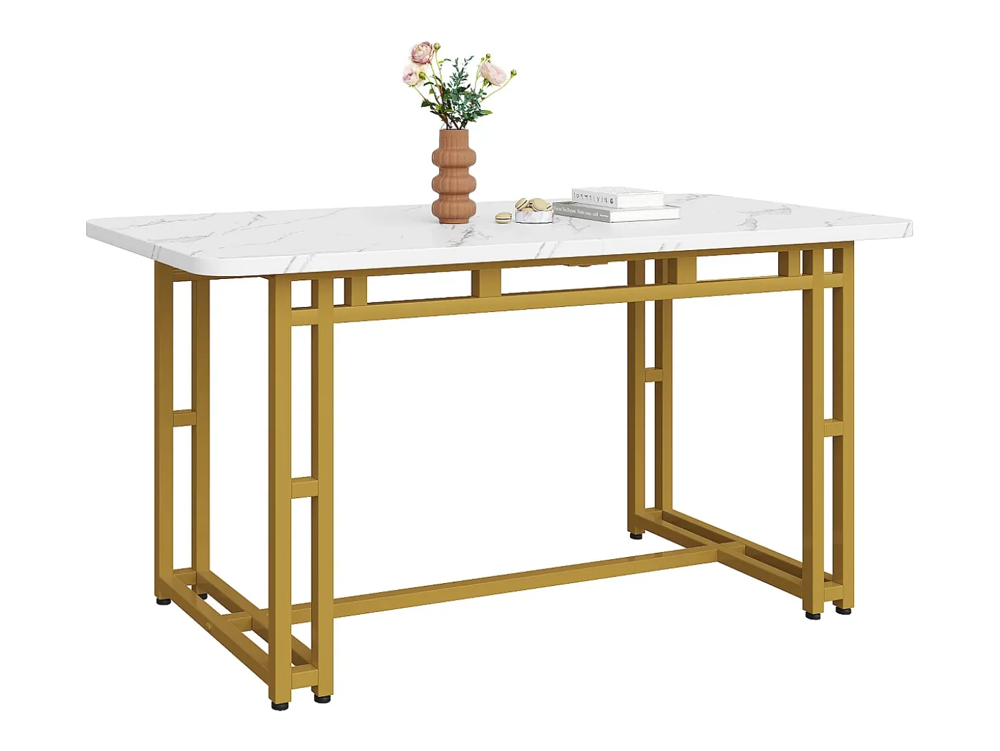 Mesa de comedor moderna, MDF, patas de metal dorado, 120x70x74 cm