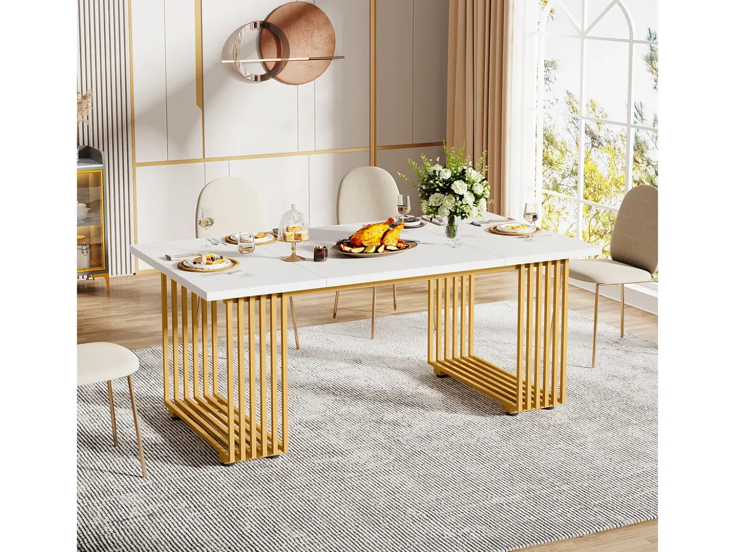 Mesa de comedor moderna para 6 a 8 personas, mesa de comedor blanca de 179,8 cm, mesa de cocina de madera para el Día de San Patricio