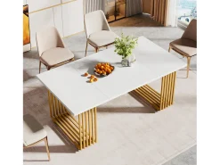 Mesa de comedor moderna para 6 a 8 personas, mesa de comedor blanca de 179,8 cm, mesa de cocina de madera para el Día de San Patricio