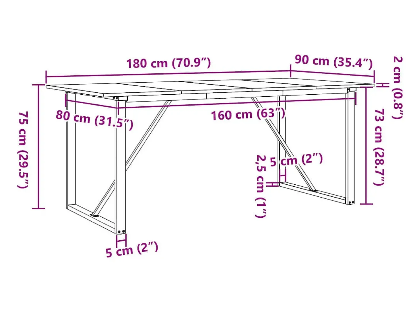 Mesa de comedor O-frame 180x90x75 cm madera maciza de pino acero