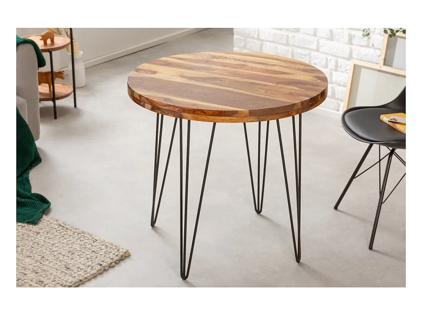Mesa de comedor ORBO 80 cm – Tablero de madera de Sheesham barnizado y estructura de metal negro – Estilo industrial