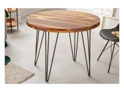 Mesa de comedor ORBO 80 cm – Tablero de madera de Sheesham barnizado y estructura de metal negro – Estilo industrial