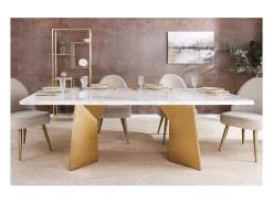 Mesa de comedor OREA - Rectangular - Mármol blanco y dorado - Patas de metal - Estilo chic y moderno