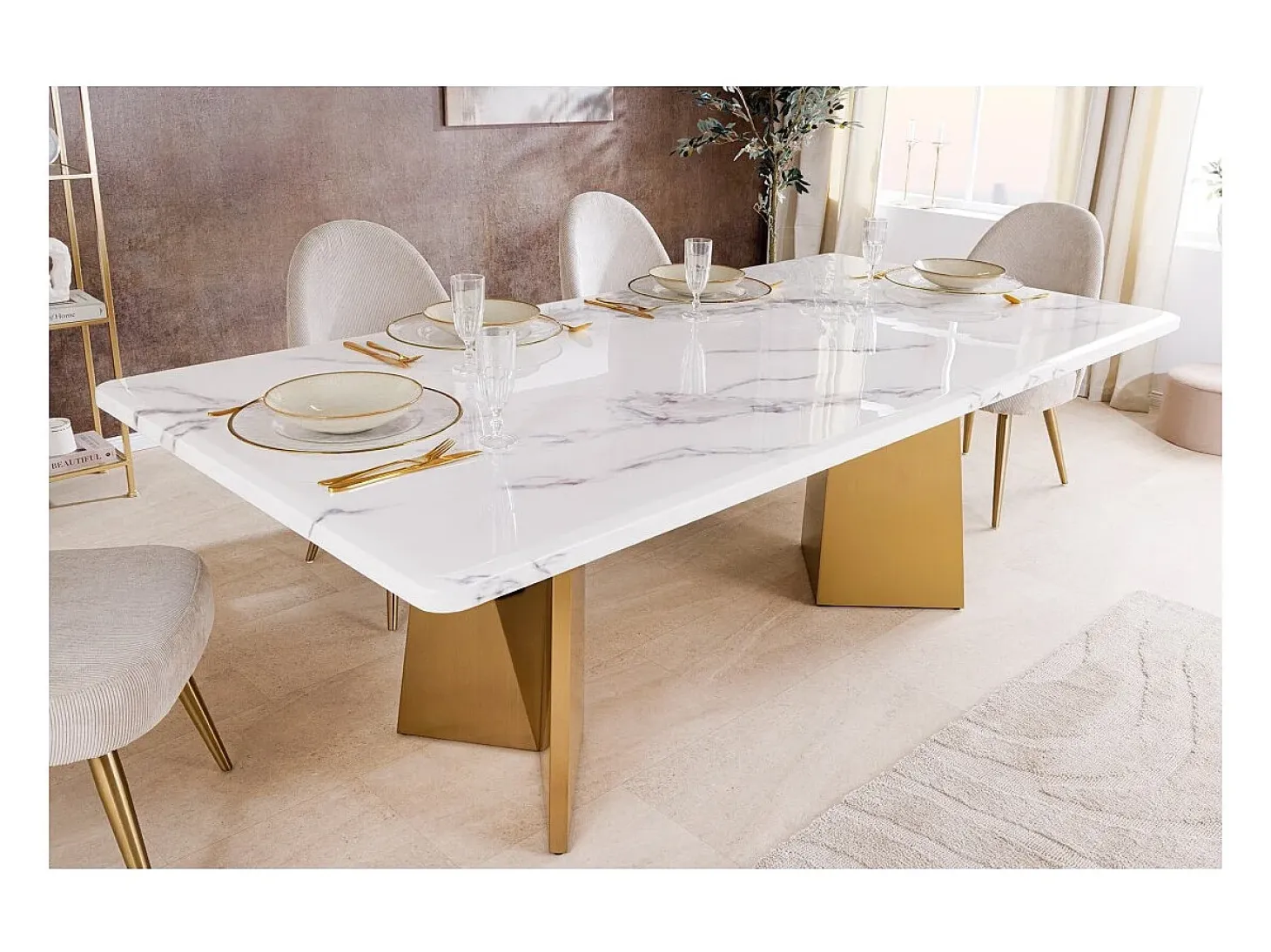 Mesa de comedor OREA - Rectangular - Mármol blanco y dorado - Patas de metal - Estilo chic y moderno