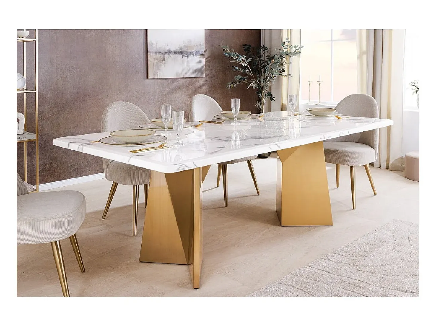 Mesa de comedor OREA - Rectangular - Mármol blanco y dorado - Patas de metal - Estilo chic y moderno