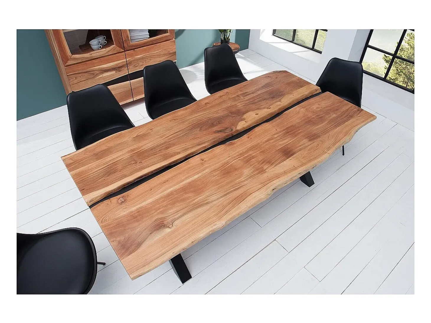 Mesa de comedor ORKAN – Madera maciza de acacia barnizada y metal negro – 200 cm – Estilo industrial