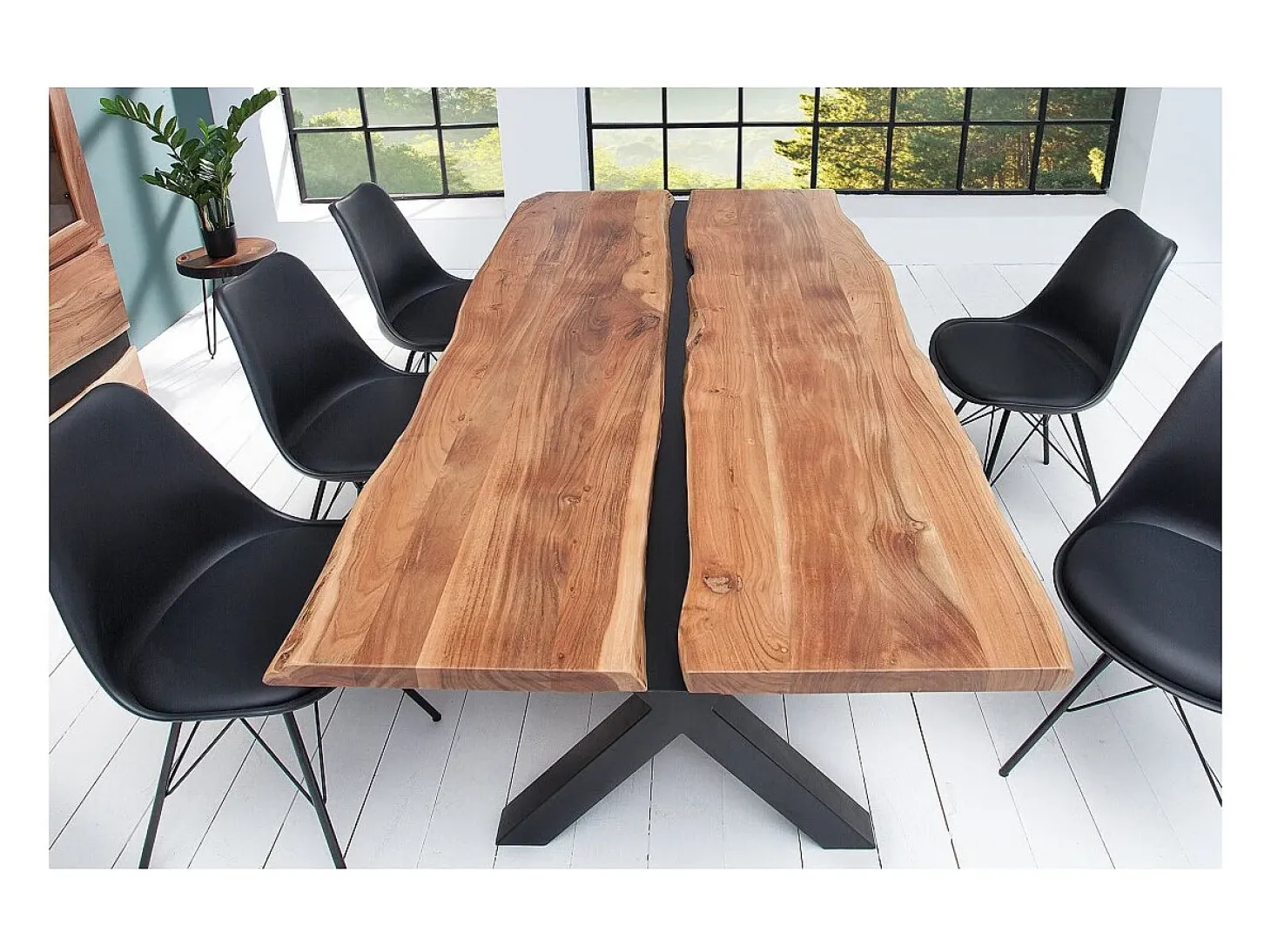 Mesa de comedor ORKAN – Madera maciza de acacia barnizada y metal negro – 200 cm – Estilo industrial