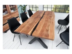 Mesa de comedor ORKAN – Madera maciza de acacia barnizada y metal negro – 200 cm – Estilo industrial
