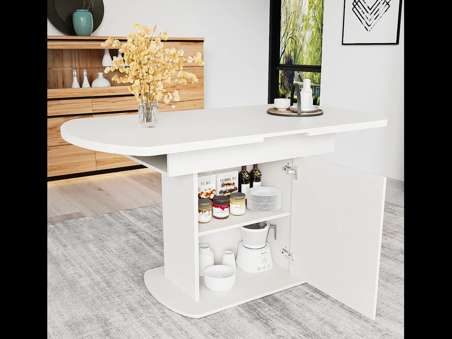 Mesa de comedor ovalada retráctil - con espacio de almacenamiento y mango plateado - Blanco