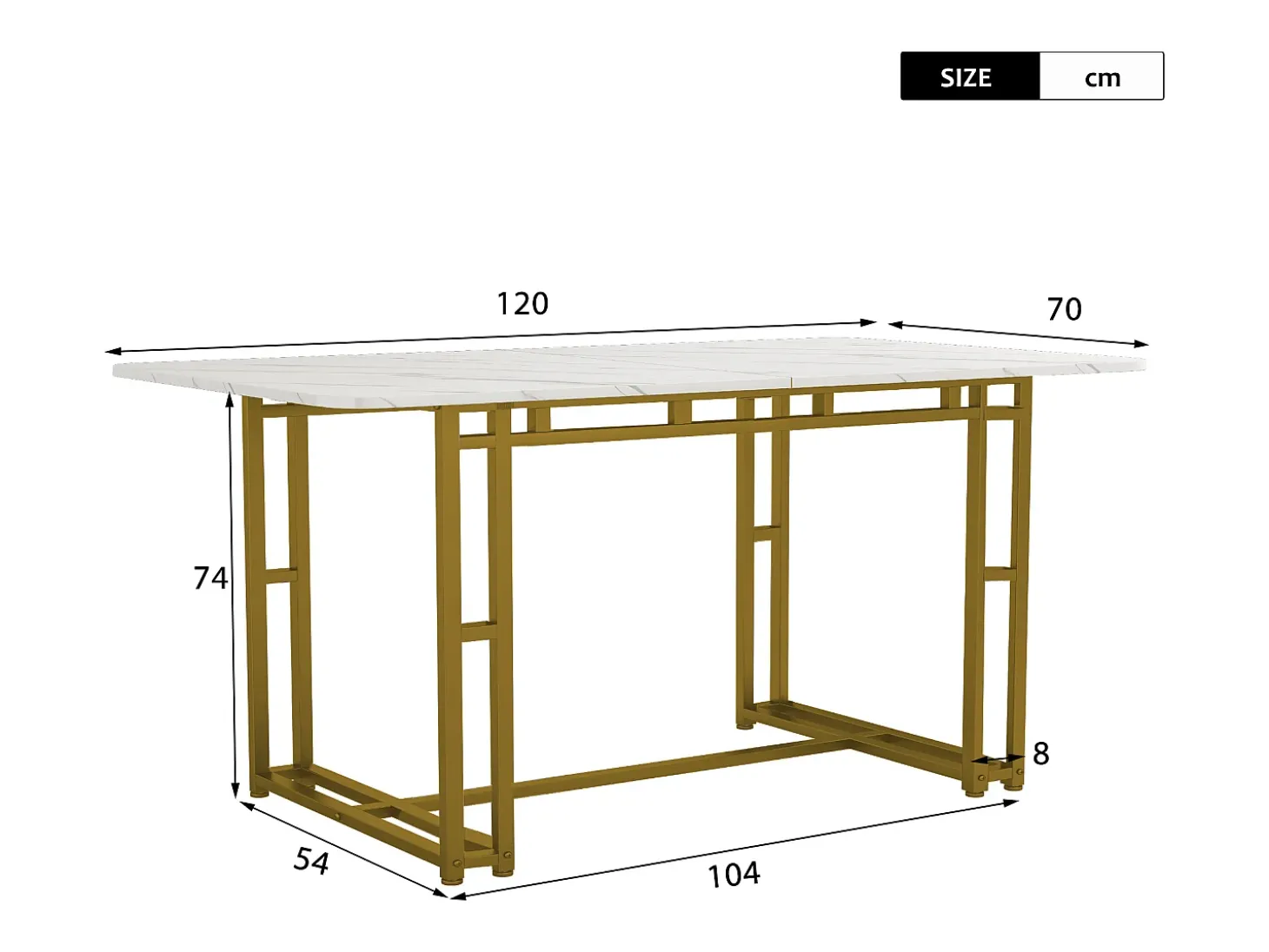 Mesa de comedor para 4 a 6 cubiertos con diseño de mármol - MDF + patas de metal dorado - blanca