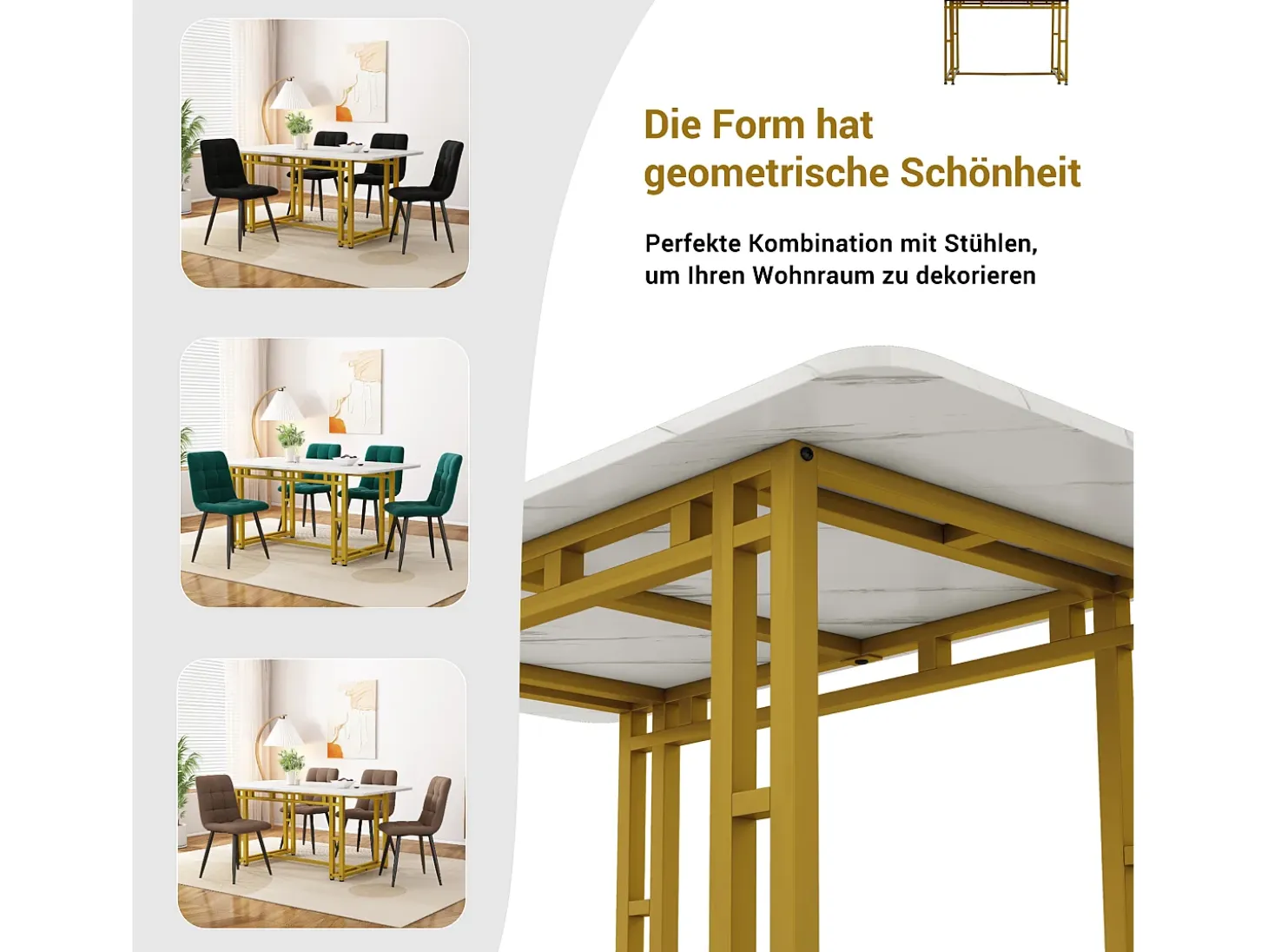 Mesa de comedor para 4 a 6 cubiertos con diseño de mármol - MDF + patas de metal dorado - blanca