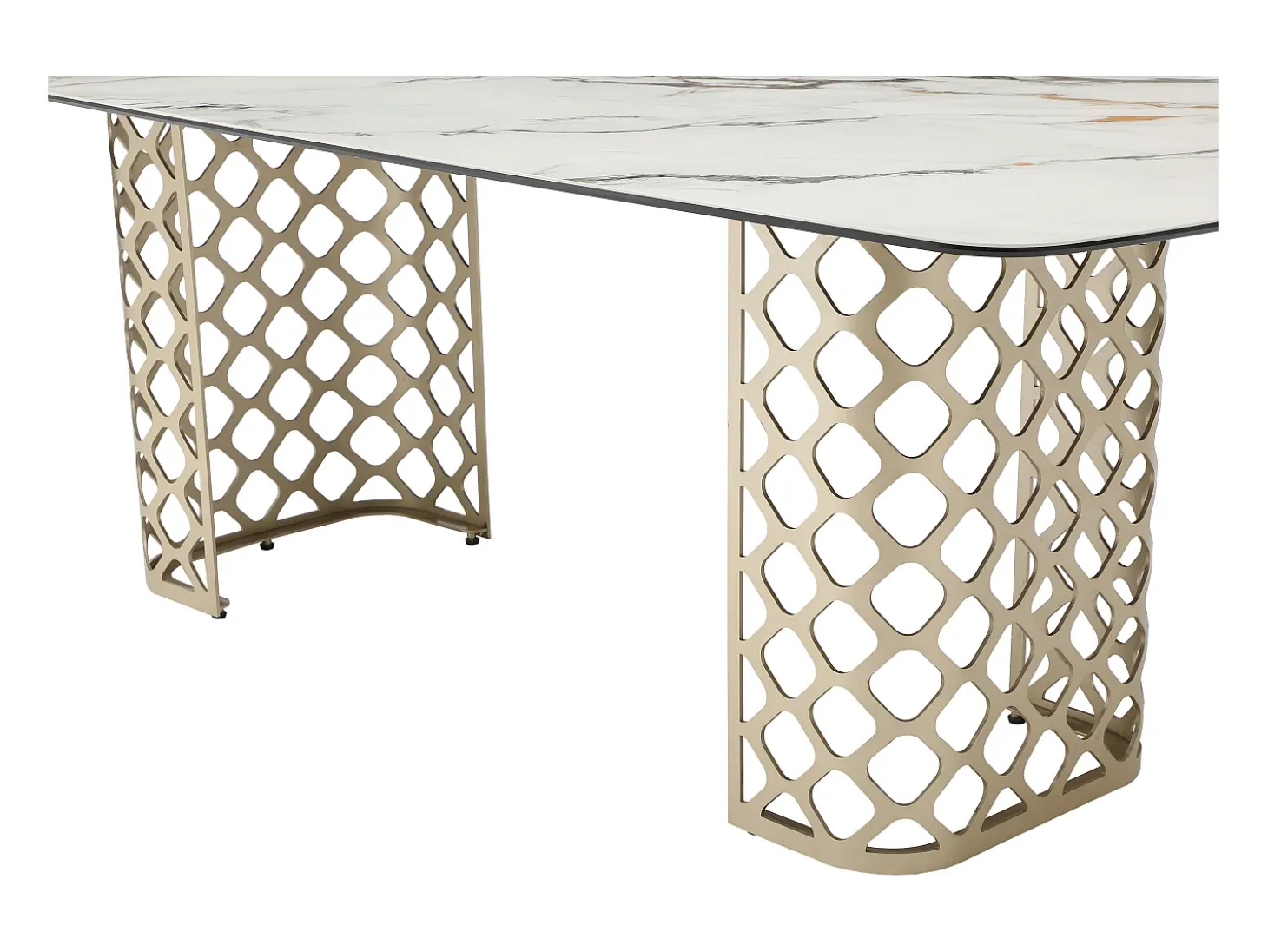 Mesa de comedor para 8 comensales de vidrio templado y cerámica - Efecto mármol blanco y dorado - GOLDENA