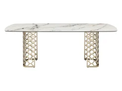Mesa de comedor para 8 comensales de vidrio templado y cerámica - Efecto mármol blanco y dorado - GOLDENA