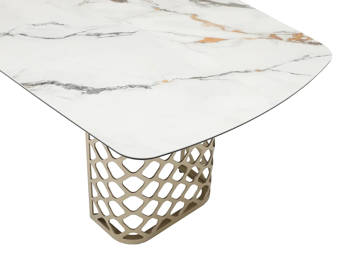 Mesa de comedor para 8 comensales de vidrio templado y cerámica - Efecto mármol blanco y dorado - GOLDENA