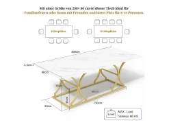 Mesa de comedor para 8-10 personas - 200 x 80 x 76 cm - aspecto mármol - patas de metal dorado - MDF - blanco + dorado