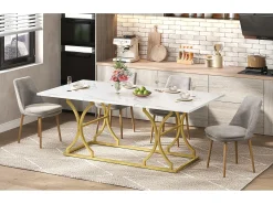 Mesa de comedor para 8-10 personas - 200 x 80 x 76 cm - aspecto mármol - patas de metal dorado - MDF - blanco + dorado