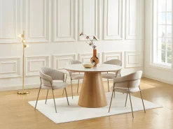 Mesa de comedor para 4 personas en cerámica y chapado - Efecto mármol blanco y natural - ANTALIZA