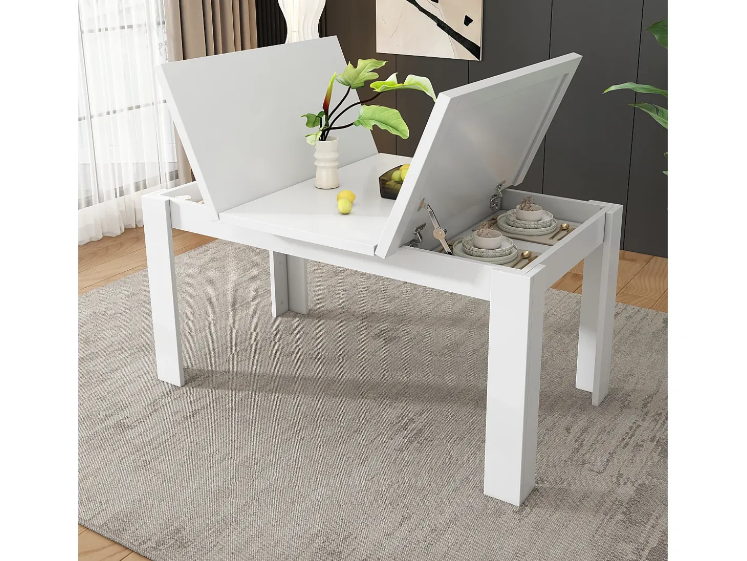 Mesa de comedor para 6 personas 120x70cm en MDF con almacenaje oculto, color blanco