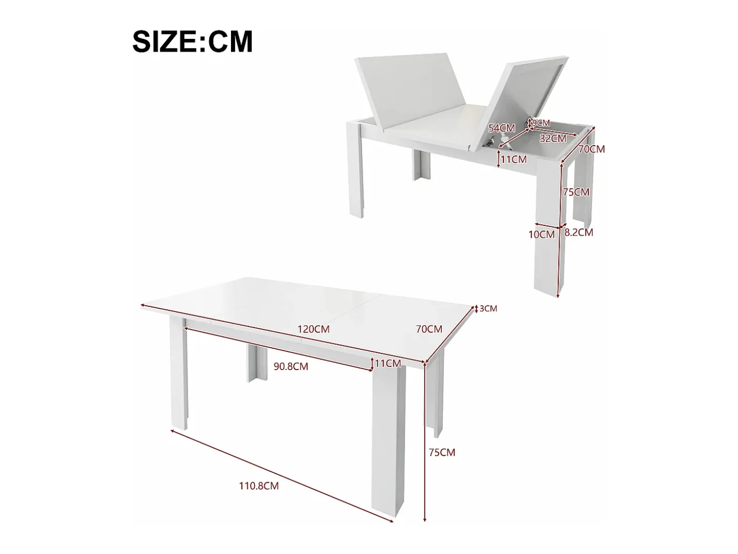 Mesa de comedor para 6 personas 120x70cm en MDF con almacenaje oculto, color blanco