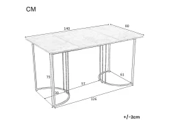 Mesa de comedor para 6 personas 140x80cm en MDF, tablero chapado en mármol blanco, patas de metal negro