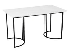 Mesa de comedor para 6 personas 140x80cm en MDF, tablero chapado en mármol blanco, patas de metal negro