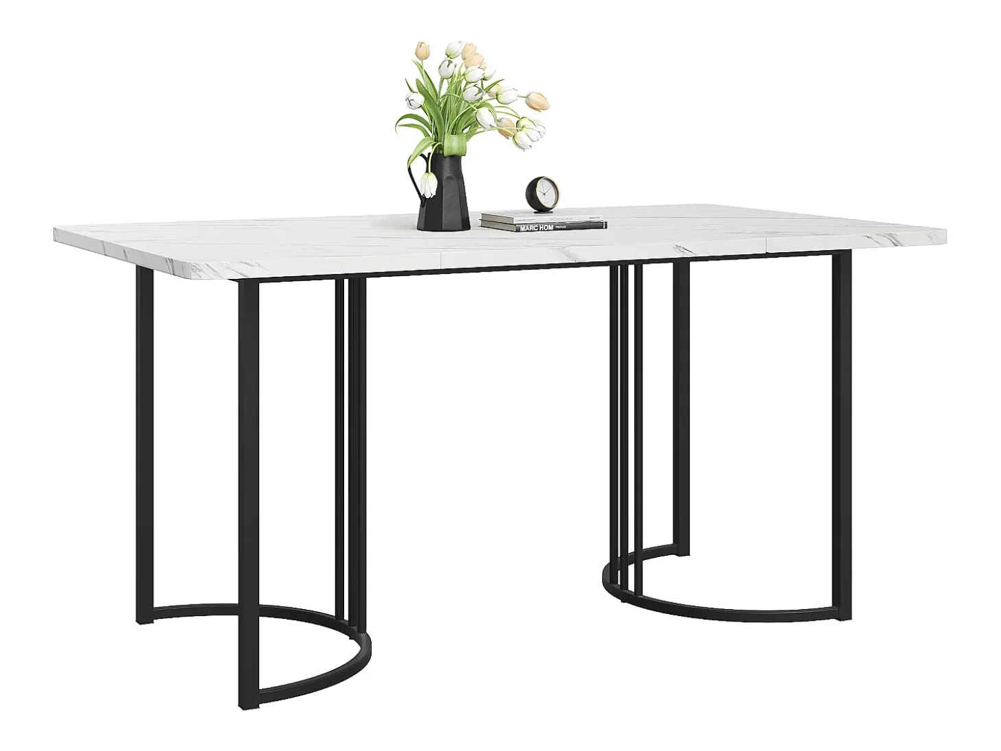 Mesa de comedor para 6 personas 140x80cm en MDF, tablero chapado en mármol blanco, patas de metal negro