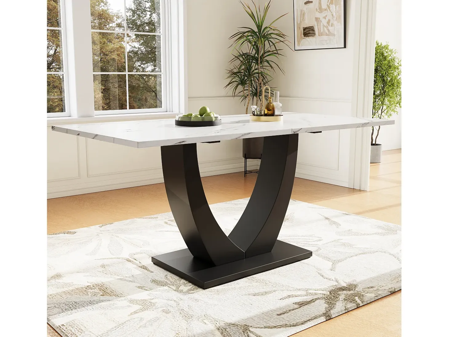 Mesa de comedor para 6 personas 140x75cm en MDF con patas regulables, chapa de mármol blanco con pata negra