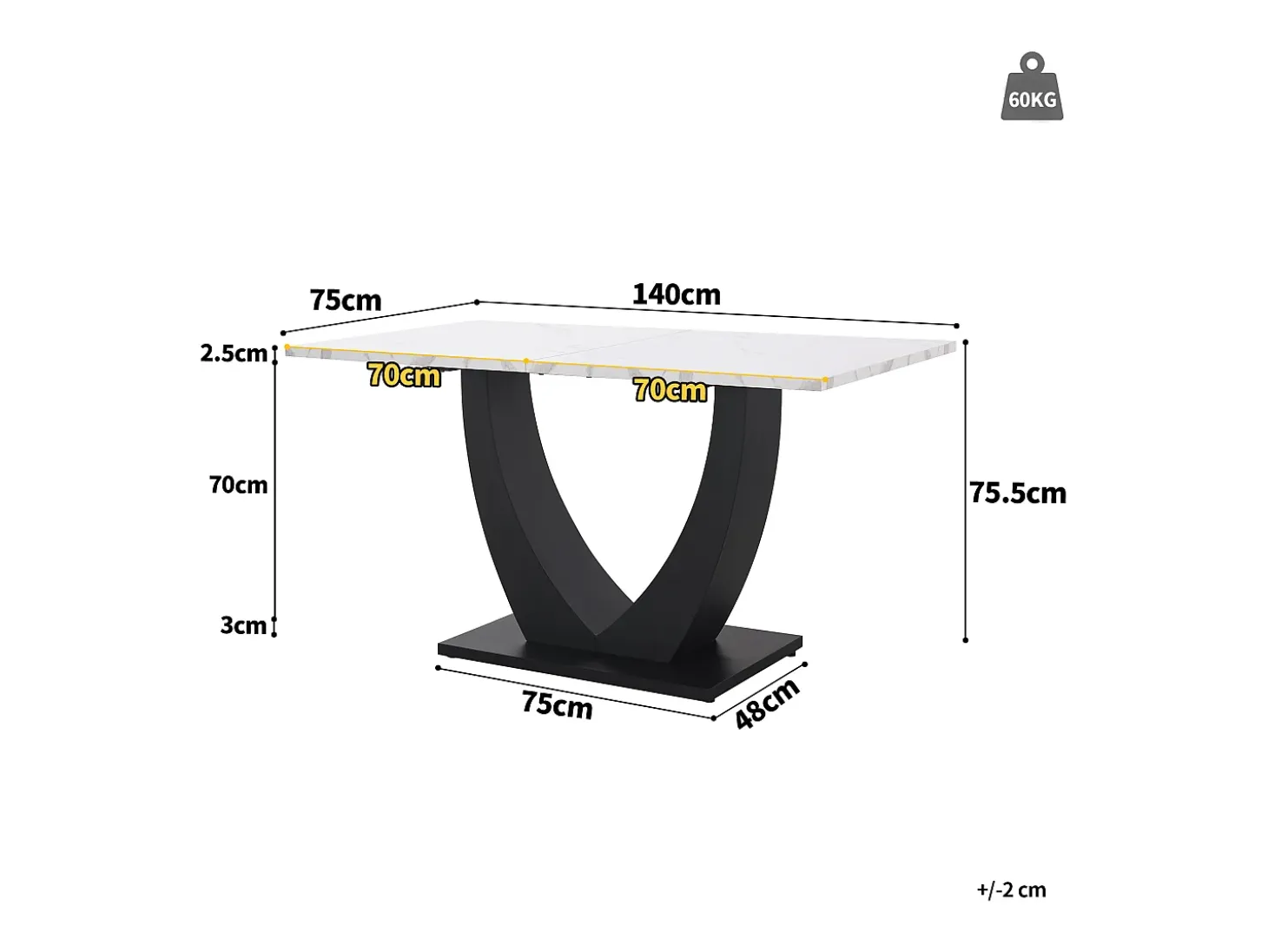 Mesa de comedor para 6 personas 140x75cm en MDF con patas regulables, chapa de mármol blanco con pata negra