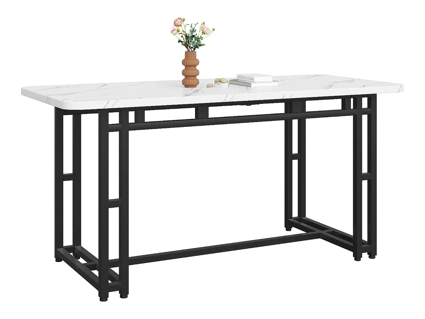 Mesa de comedor para 4 personas 140x80cm en MDF, tablero chapado en mármol blanco, patas de metal negro