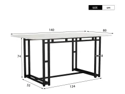 Mesa de comedor para 4 personas 140x80cm en MDF, tablero chapado en mármol blanco, patas de metal negro