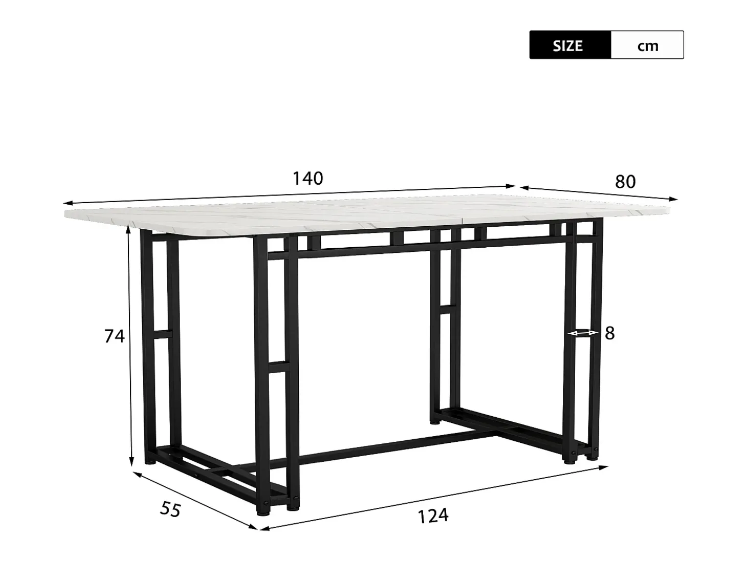 Mesa de comedor para 4 personas 140x80cm en MDF, tablero chapado en mármol blanco, patas de metal negro