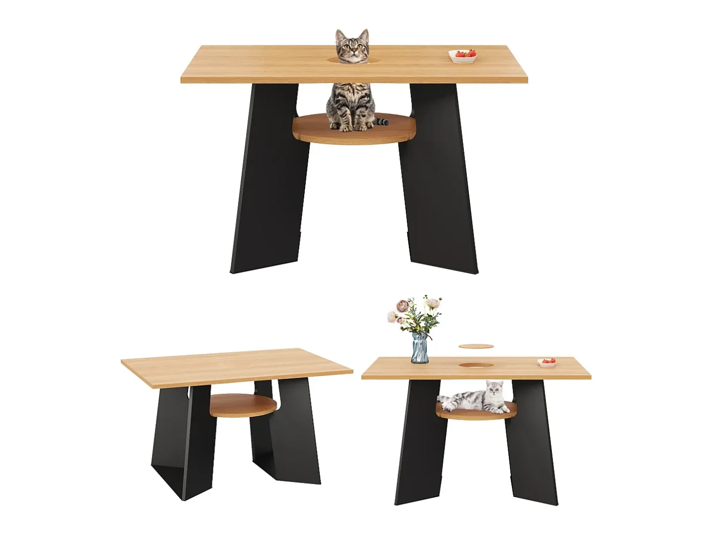 Mesa de comedor para 6 personas, apta para mascotas, negra y natural