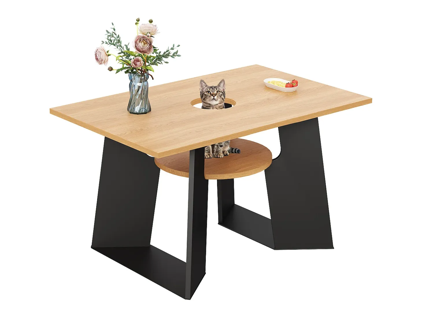 Mesa de comedor para 6 personas, apta para mascotas, negra y natural