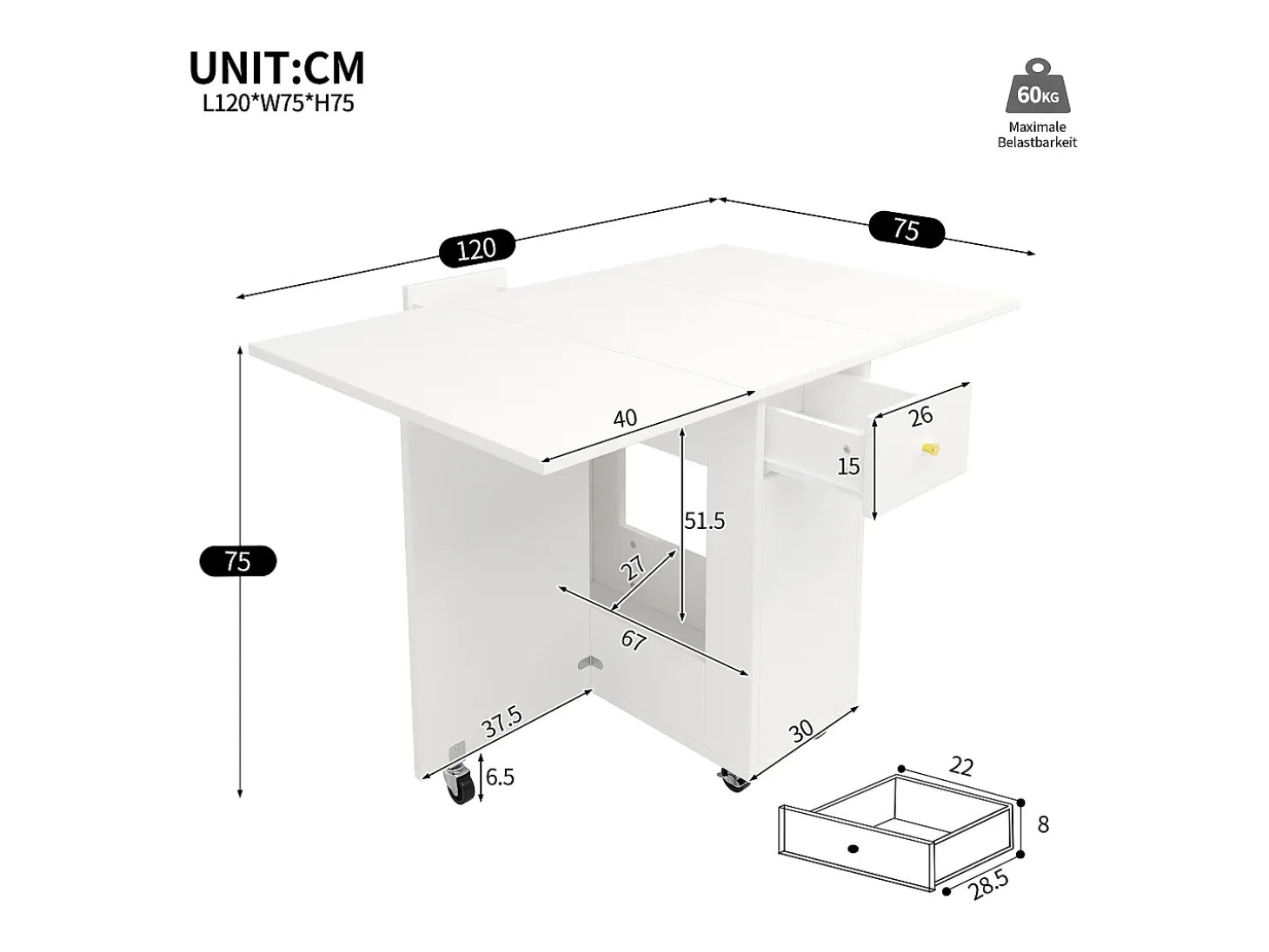 Mesa de comedor plegable 120x75x75 cm - con espacio de almacenamiento - 2 cajones - ruedas bloqueables - blanco