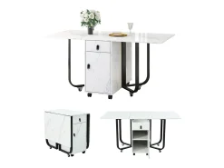 Mesa de comedor plegable con aparador, 2 cajones, hojas abatibles, ahorra espacio (blanco/negro)