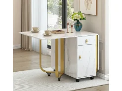 Mesa de comedor plegable con aparador, 2 cajones, hojas abatibles, ahorra espacio (blanco/dorado)