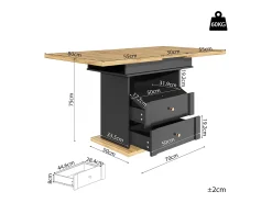 Mesa de comedor plegable para 4-6 personas - 110-140 x 80 x 75 cm - extensible - con 1 puerta + 2 cajones - MDF - negro