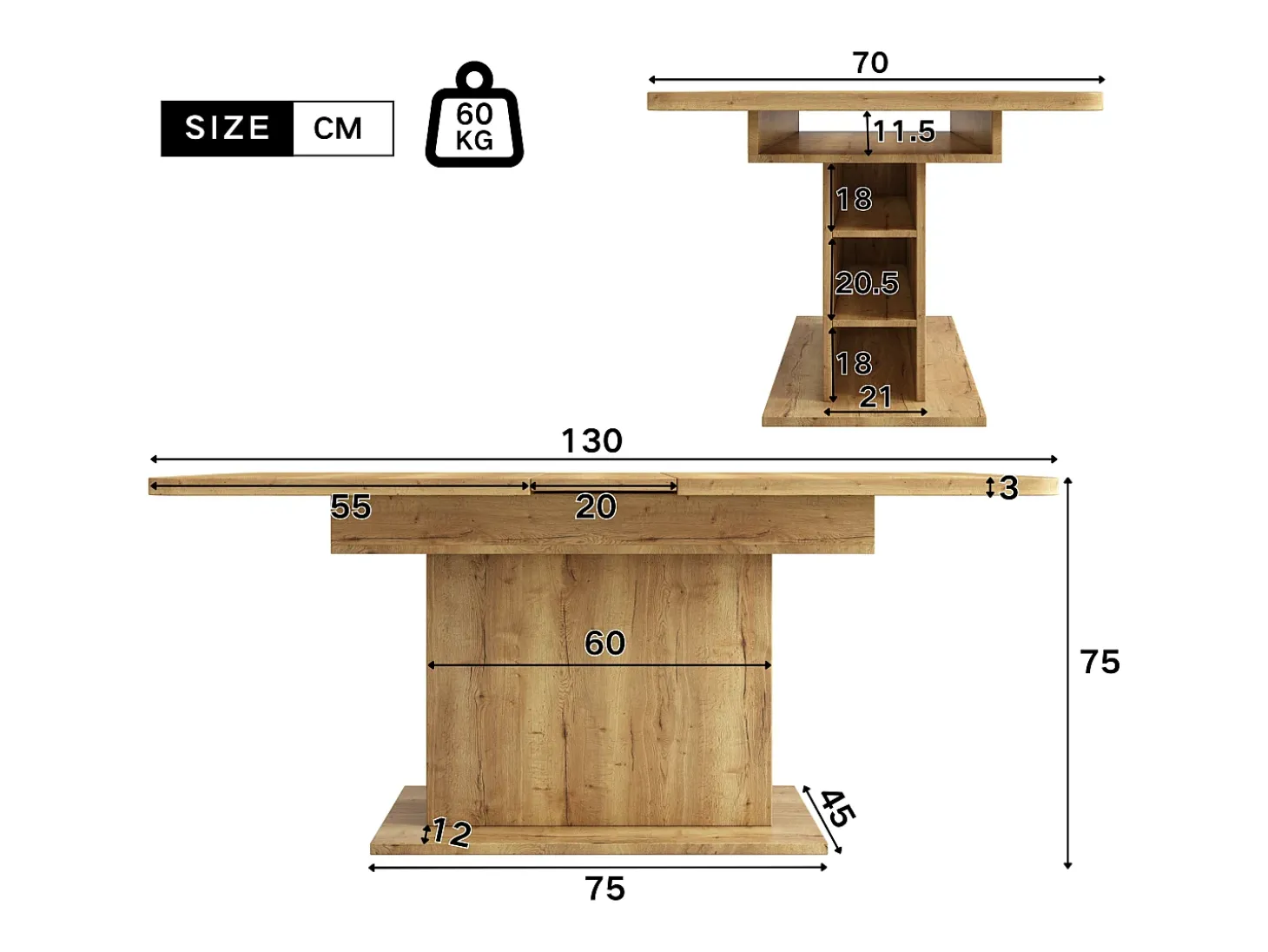 Mesa de comedor rectangular - Mesa de comedor natural con espacio de almacenamiento y tablero ajustable - Para comedor y sala de estar
