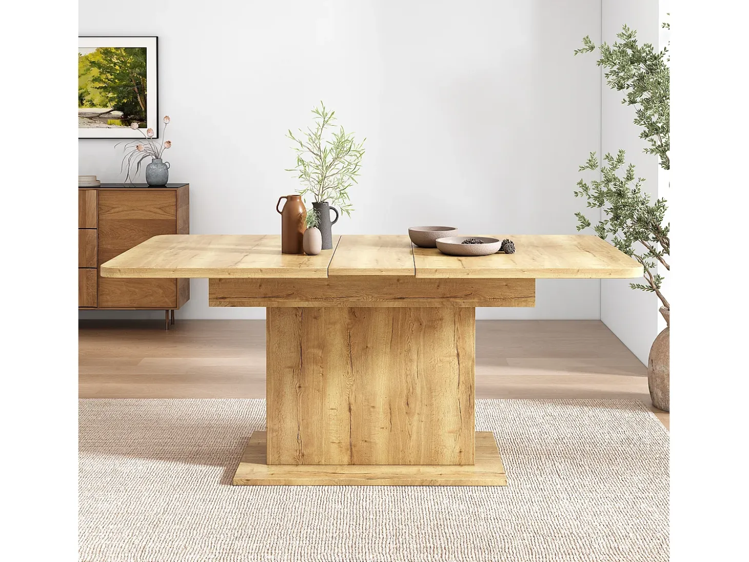 Mesa de comedor rectangular - Mesa de comedor natural con espacio de almacenamiento y tablero ajustable - Para comedor y sala de estar