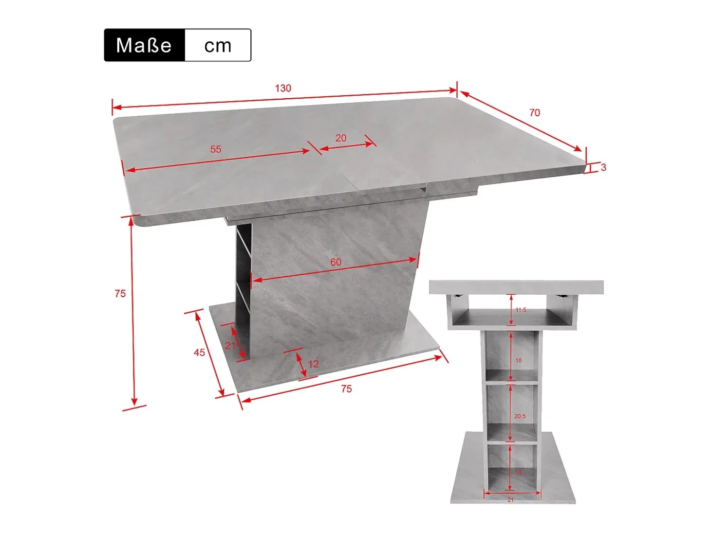 Mesa de comedor rectangular - Mesa de comedor gris con almacenaje y tablero regulable - para comedor y salón
